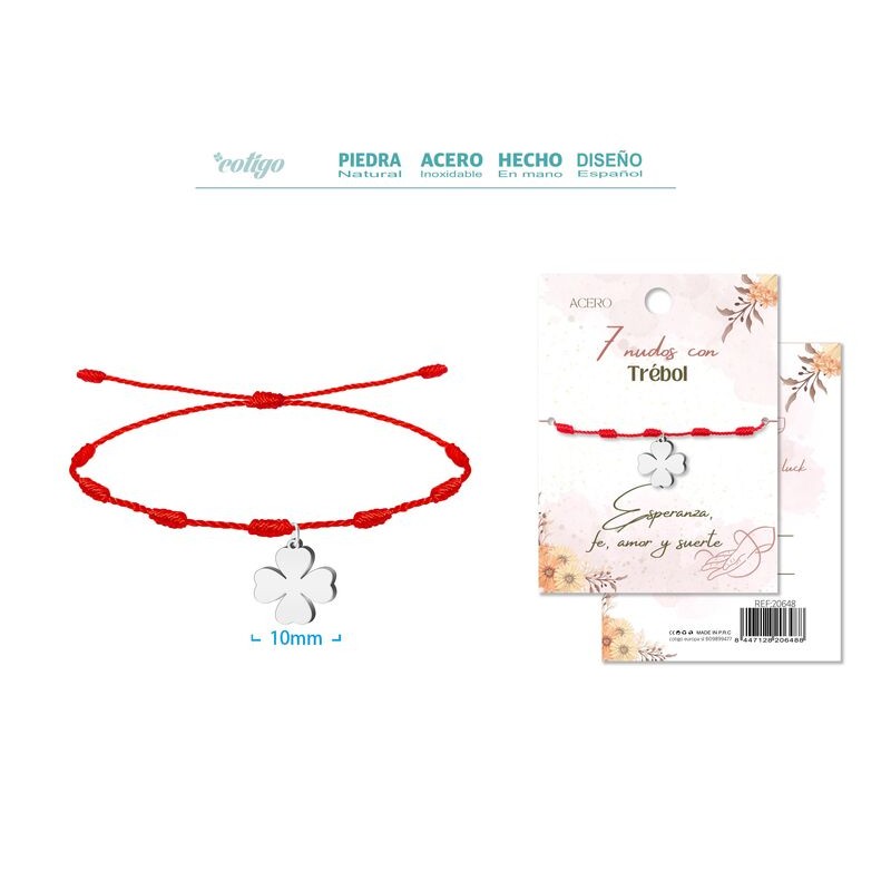 Pulsera 7 Nudos con Trebol 4 hojas en Acero Plateado (P2) ·